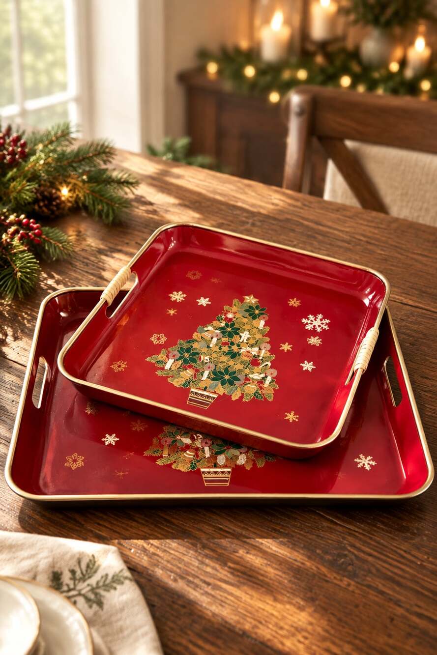 Vintage Red Lacquer Christmas Tree Serving Trays Set